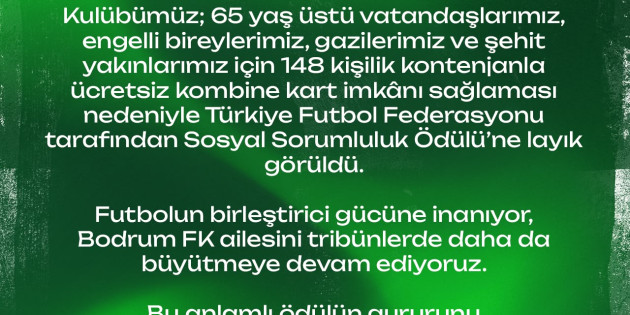 TFF’den Bodrum FK’ye anlamlı ödül: Sosyal sorumluluk projeleri taçlandı